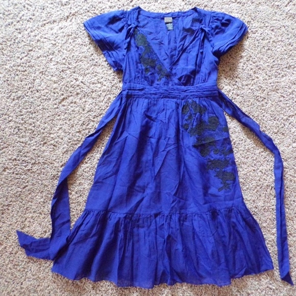 Anthropologie Lithe Blue Dress Black Lace Trim - Picture 2 of 6